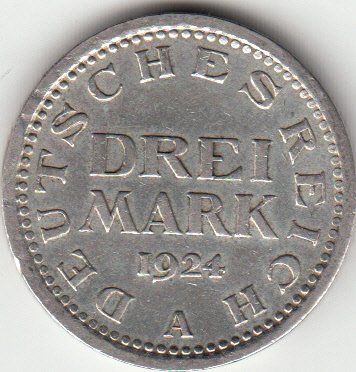 Tutti le monete: Weimarer Republik - Drei Mark 1924 A – Usato da Gossau SG venduto da Gallus00 1
