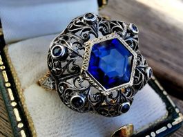 Antik Art Deco synth. Saphir Ring Gold 18kt 750 und Silber