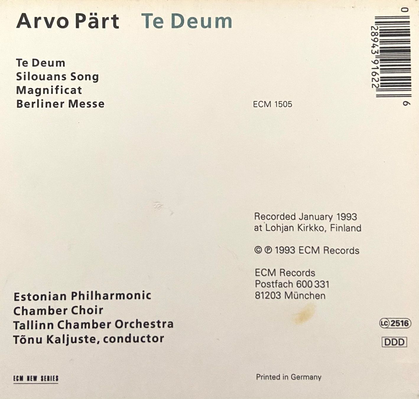 CDs: CD Arvo Pärt • Te Deum • Estonian Philharmonic – D'occasion à Luzern par Lycka 1