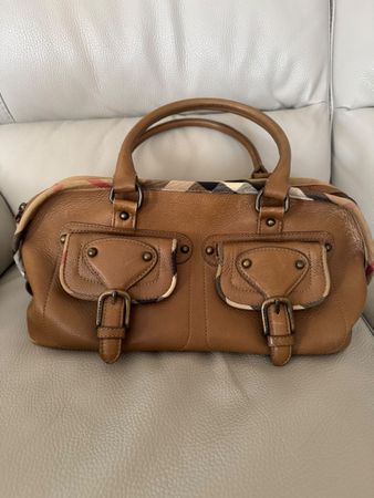 Burberry Leder Handtasche Check Canvas braun