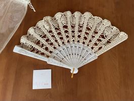 Hand-made lace bridal Hand Fan - beige crochet