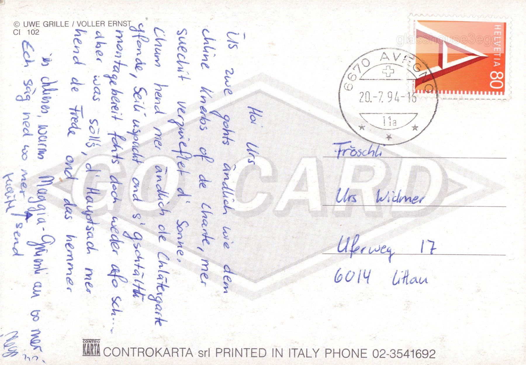 Cartoline postali: AK 1994 UWE GRILLE / VOLLER ERNST – Usato da Eggersriet venduto da glasshouse3egg 1