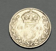 Pièce de monnaie 3 pence Victoria 1901 état correct