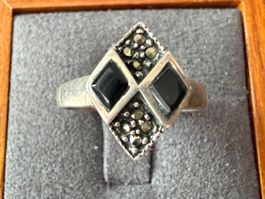 Vintage Silberring mit Onyx und Marcasite G.55