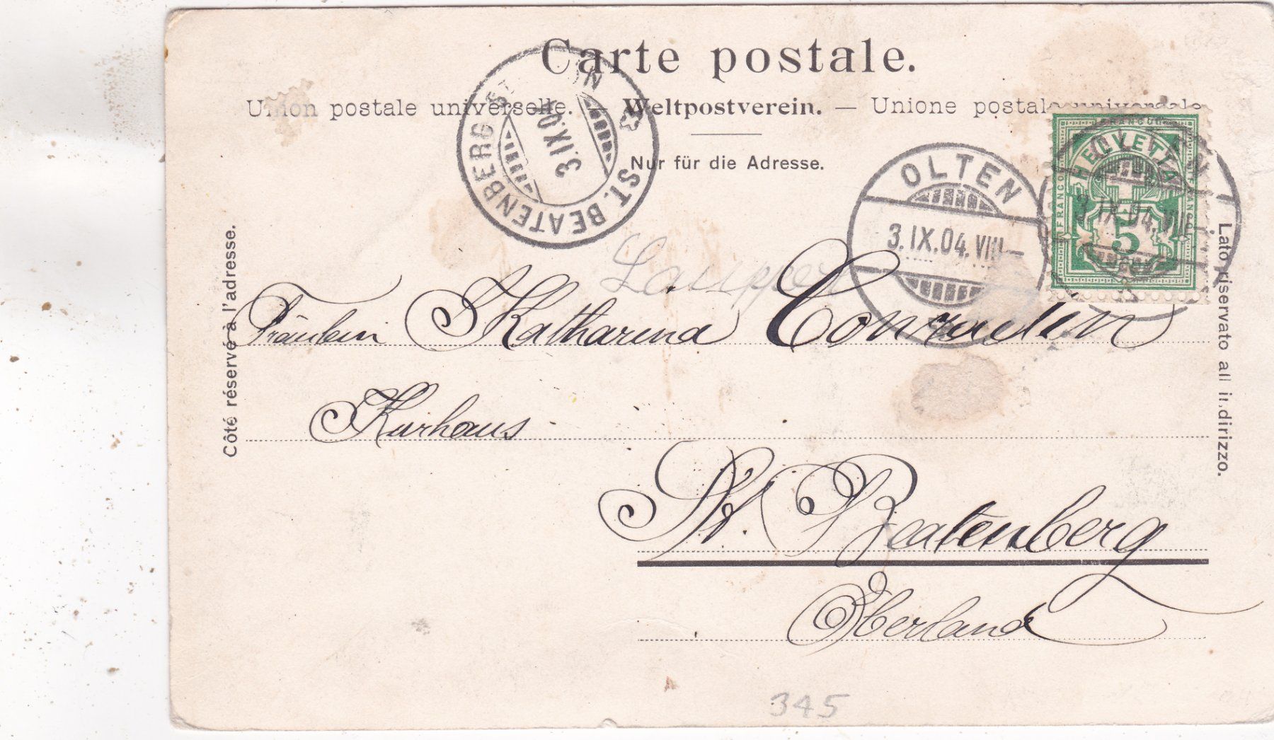Cartes postales: Olten 1904 – Défectueux à Herisau par Lisegrat2008 1