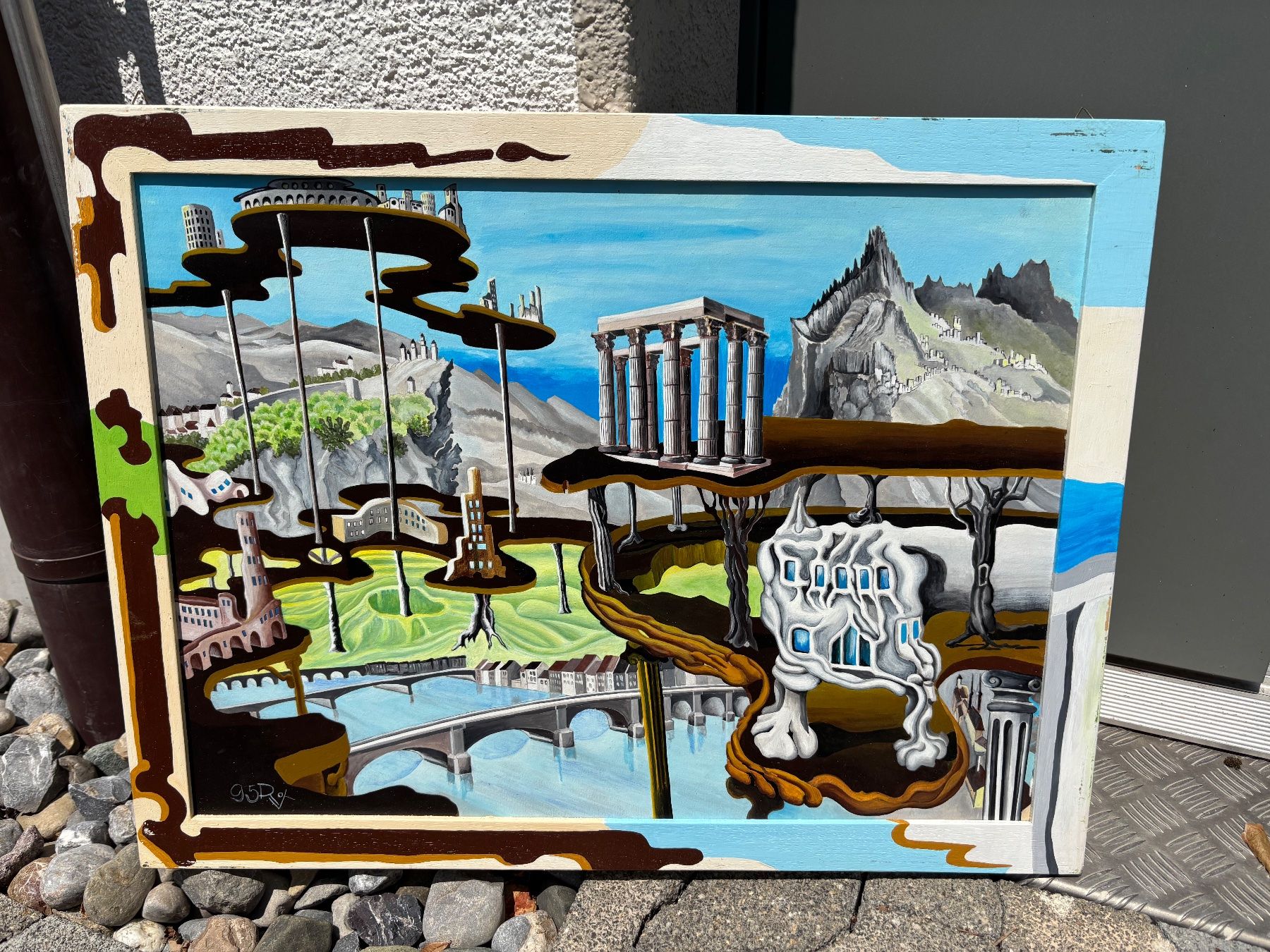 Dipinti: Ölbild Ruedi Vismara "Stelzopolis" Surrealismus – Usato da Hinwil venduto da DaniBachman