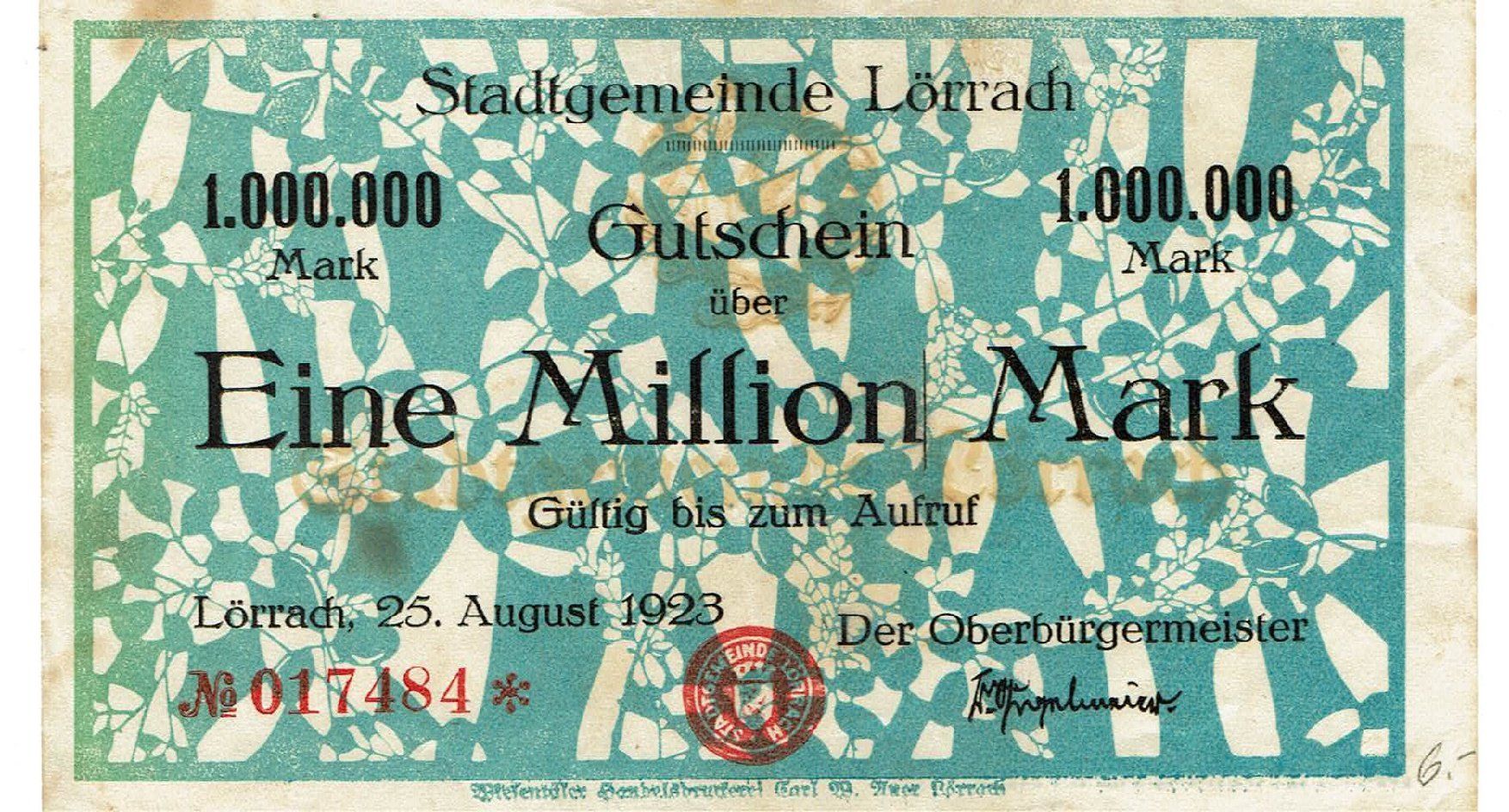 Banconote: Lörrach 1 Mil.Mark 25.08.1923 SS++-VZ – Usato da Steffisburg venduto da ber_8htf