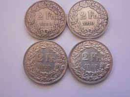 4 x 2 Fr. silber  gute Erhaltungen  1860/1910/1939/1948