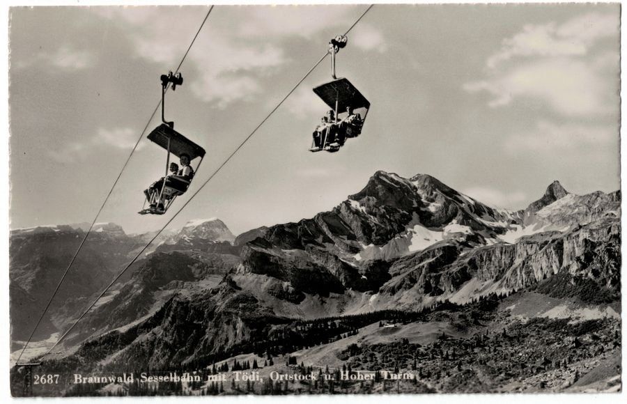Cartoline postali: Braunwald, Sesselbahn, um 1950 – Usato da Frauenfeld venduto da POML