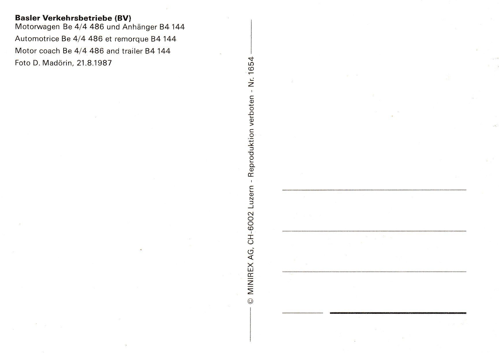 Cartoline postali: Strassenbahn Basel BVB Be 4/4 486 + B 1445 – Nuovo e nell'imballaggio originale da Ettingen venduto da Pantograph163 1