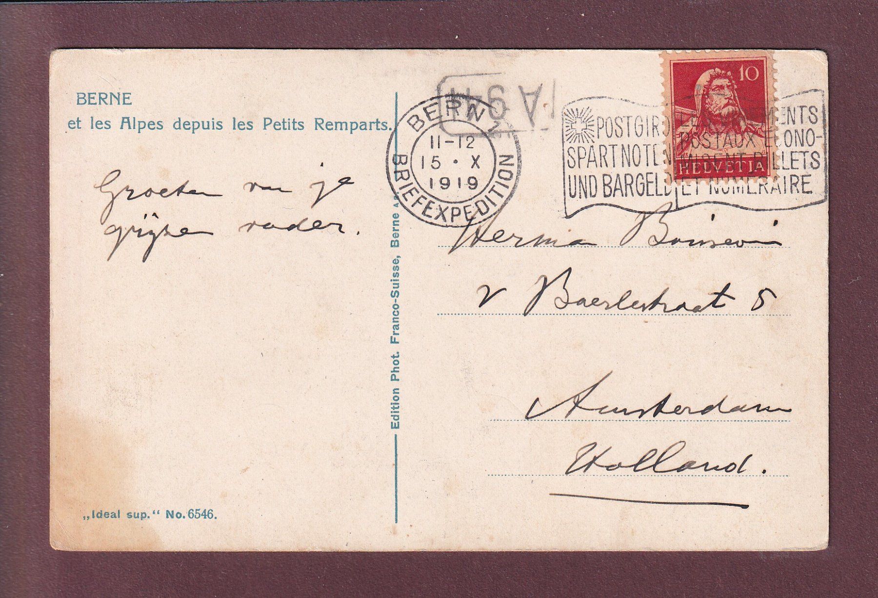 Cartoline postali: BERN - Blick von der kleinen Schanze - 1919 – Usato da Pully venduto da nicecards 1