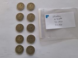 Einfränkler Set 10 Stück, 1921, 1920 je 5 Stück