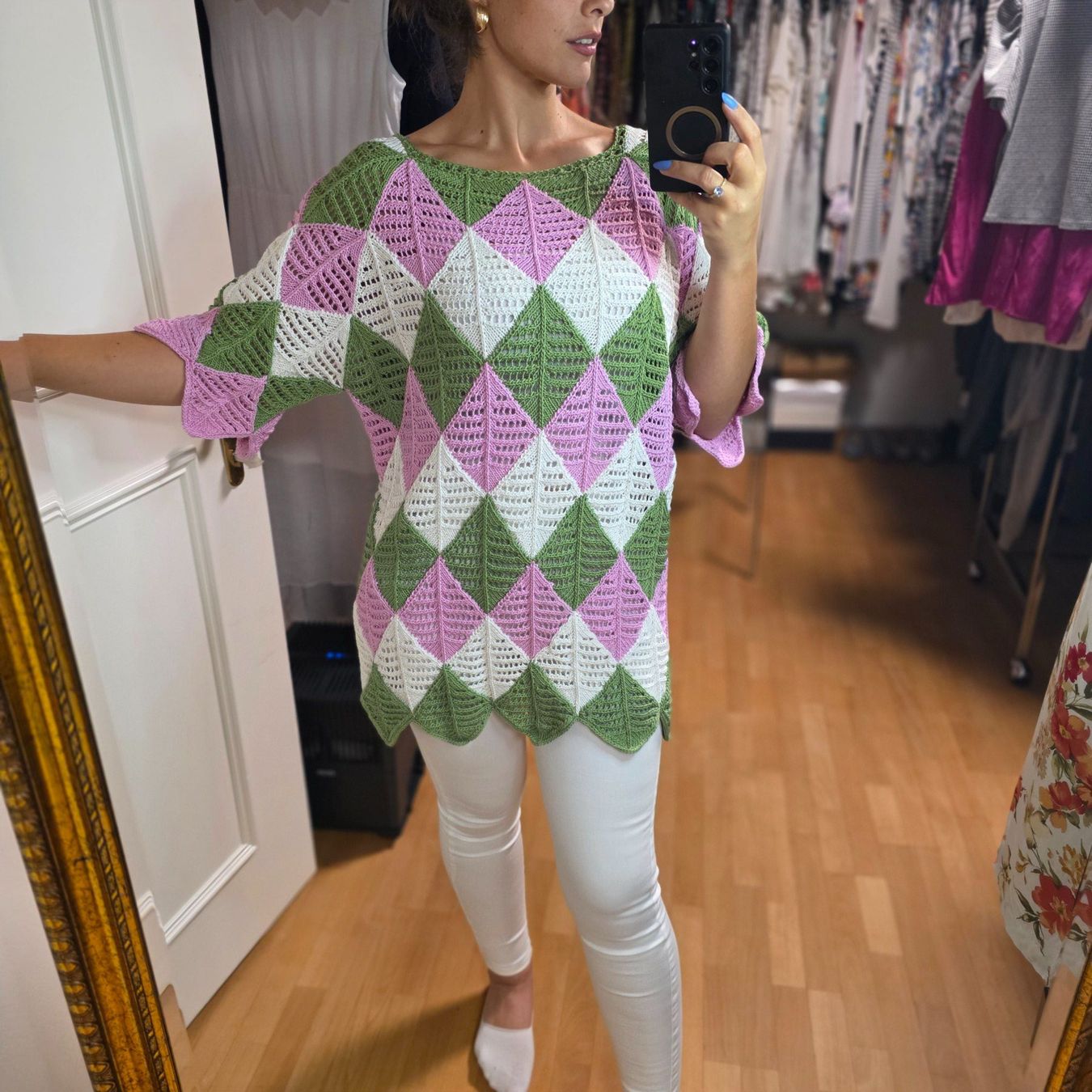 Camicette: Handgestrickte Baumwoll-Bluse L/XL, einzigartiges Design – Usato da Wald ZH venduto da CapLux