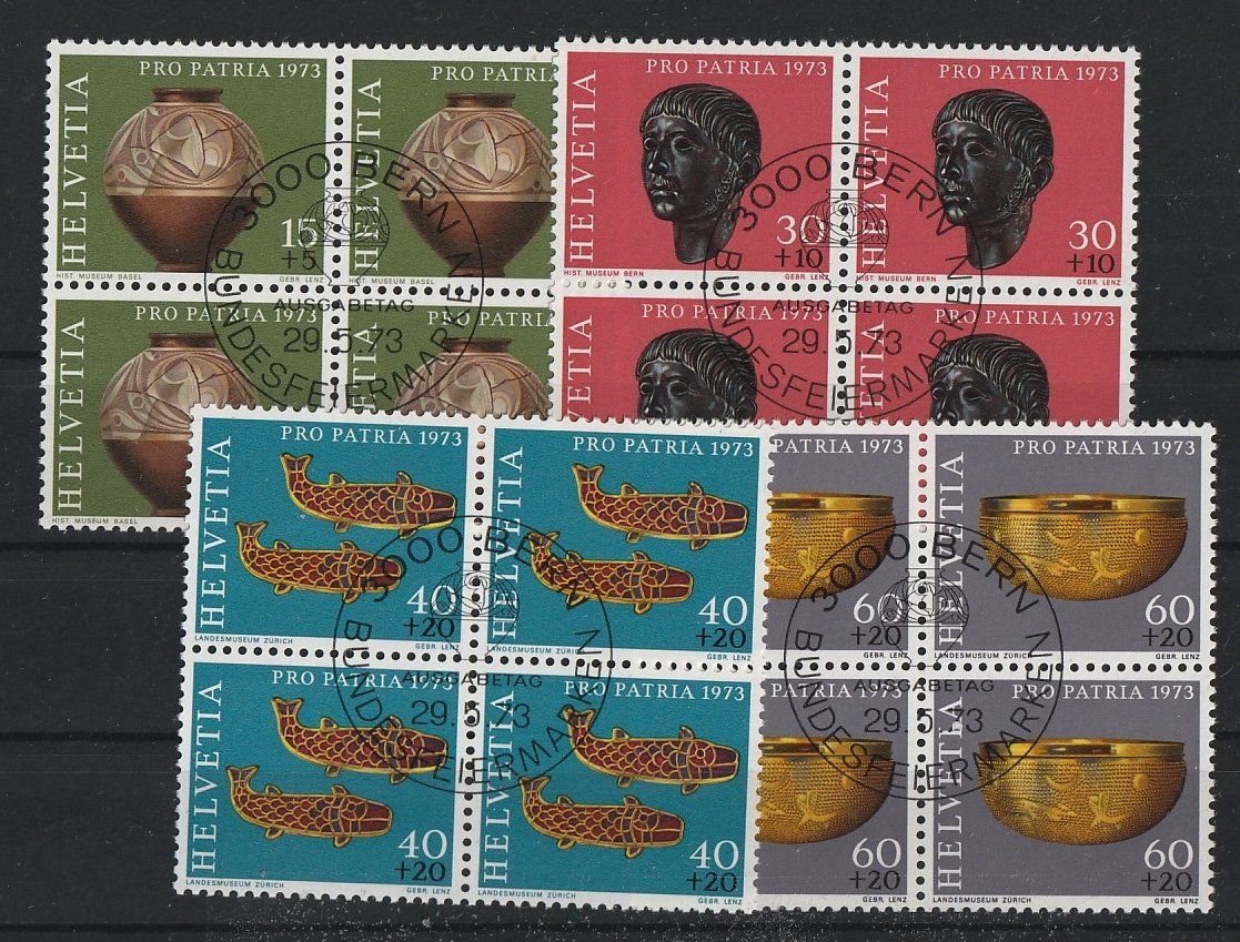 Alle Briefmarken: Pro Patria 1973, Viererblock gest. FD – Gebraucht aus Jegenstorf von Wintersport