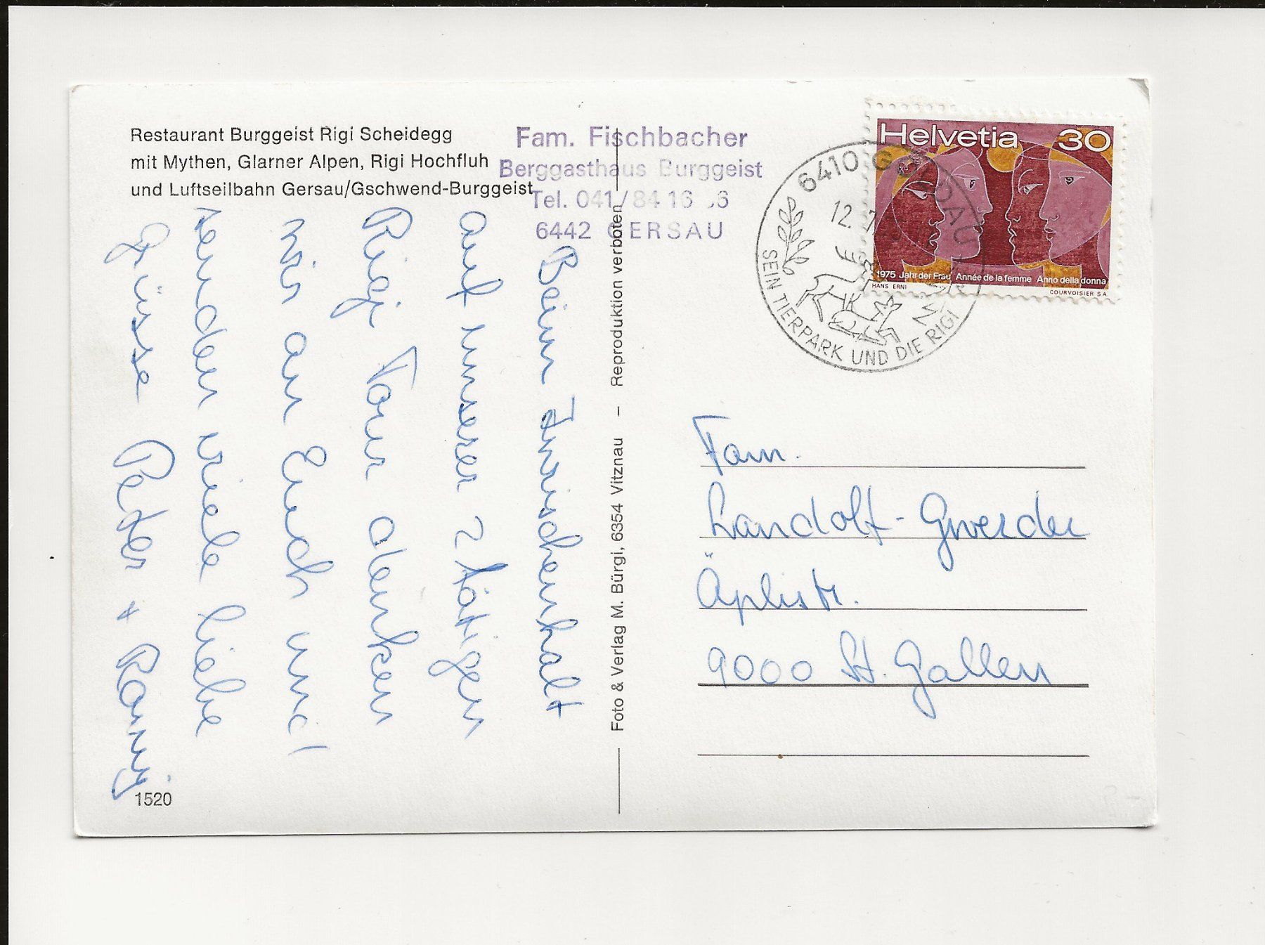 Cartoline postali: AK 1975 Restaurant Burggeist Rigi , Scheidegg – Usato da Greifensee venduto da 315WDO 1