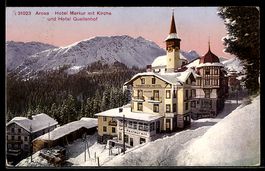 AK Arosa, Hotel Merkur mit Kirche und Hotel Quellenhof