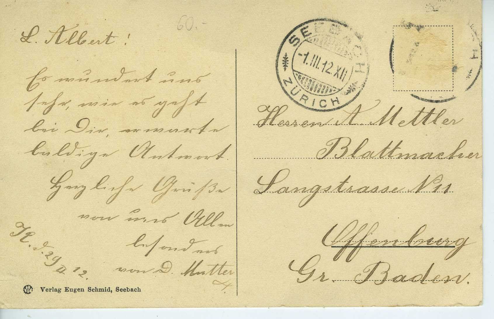 Cartes postales: Zürich - Seebach, 1912 – D'occasion à Schleitheim par Pmschlaate 1