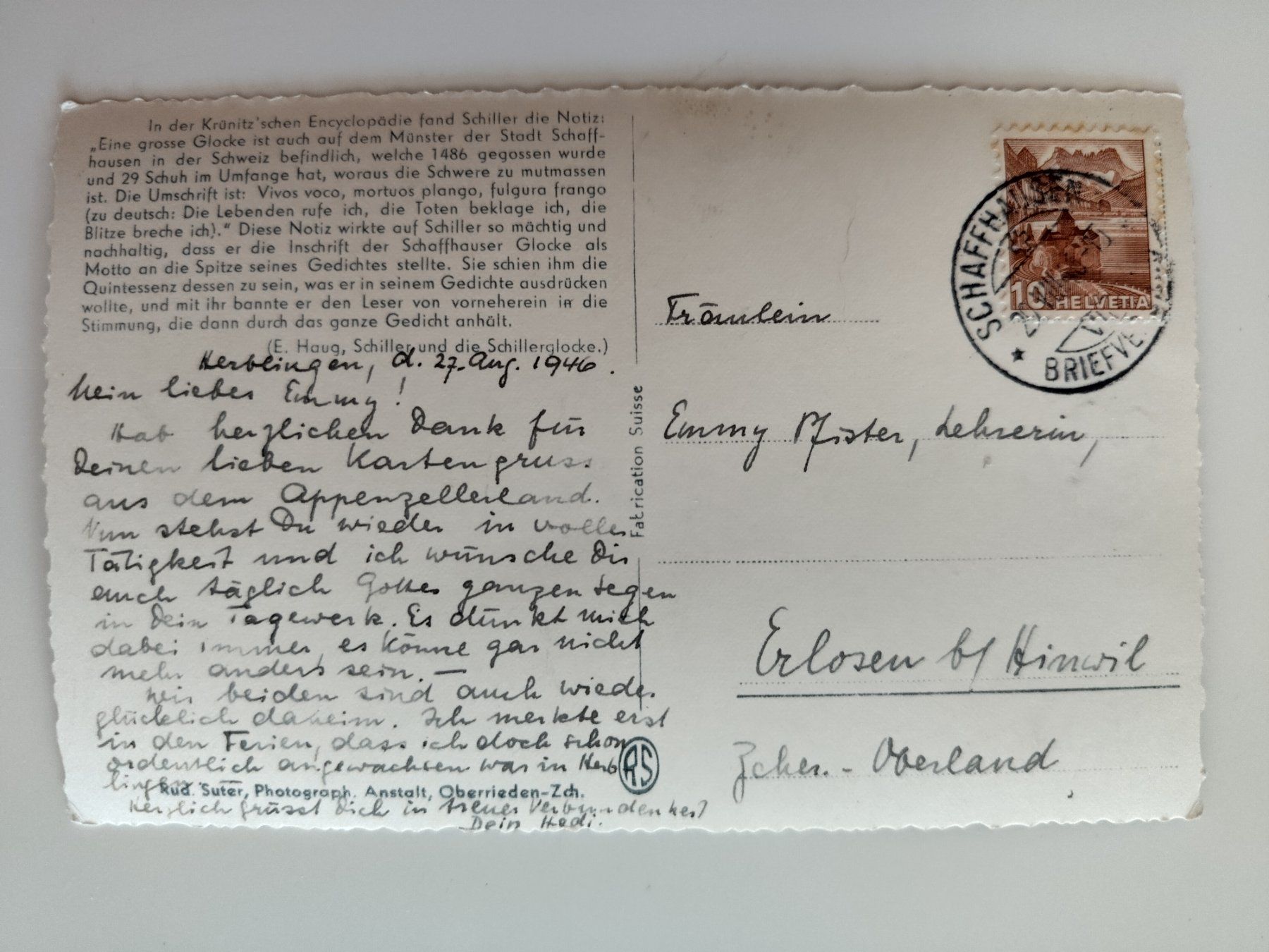 Cartoline postali: Schaffhausen, Schillerglocke, Briefmarke dat. 1946 – Usato da Ohmstal venduto da Lebensfreude05 1