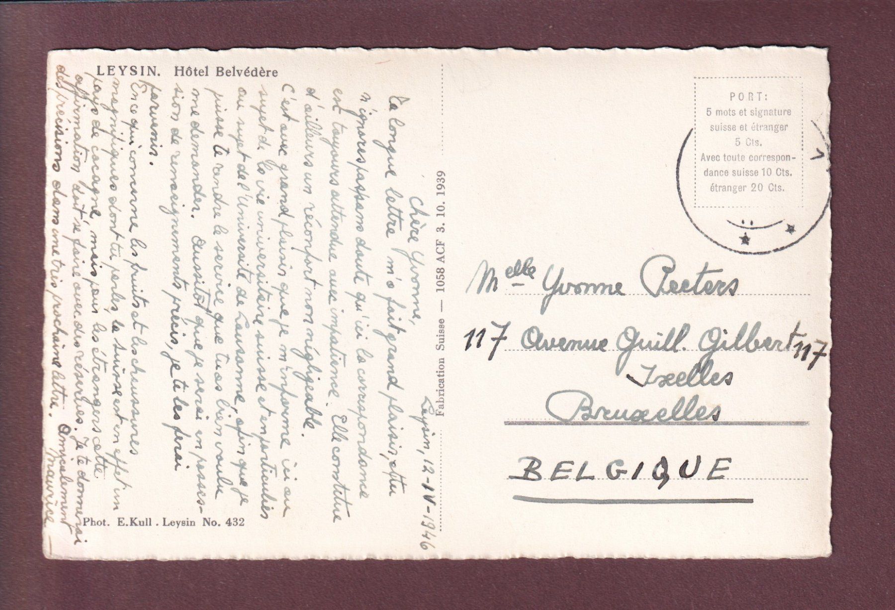Cartoline postali: LEYSIN - Hôtel Belvédère - 1946 – Usato da Pully venduto da nicecards 1