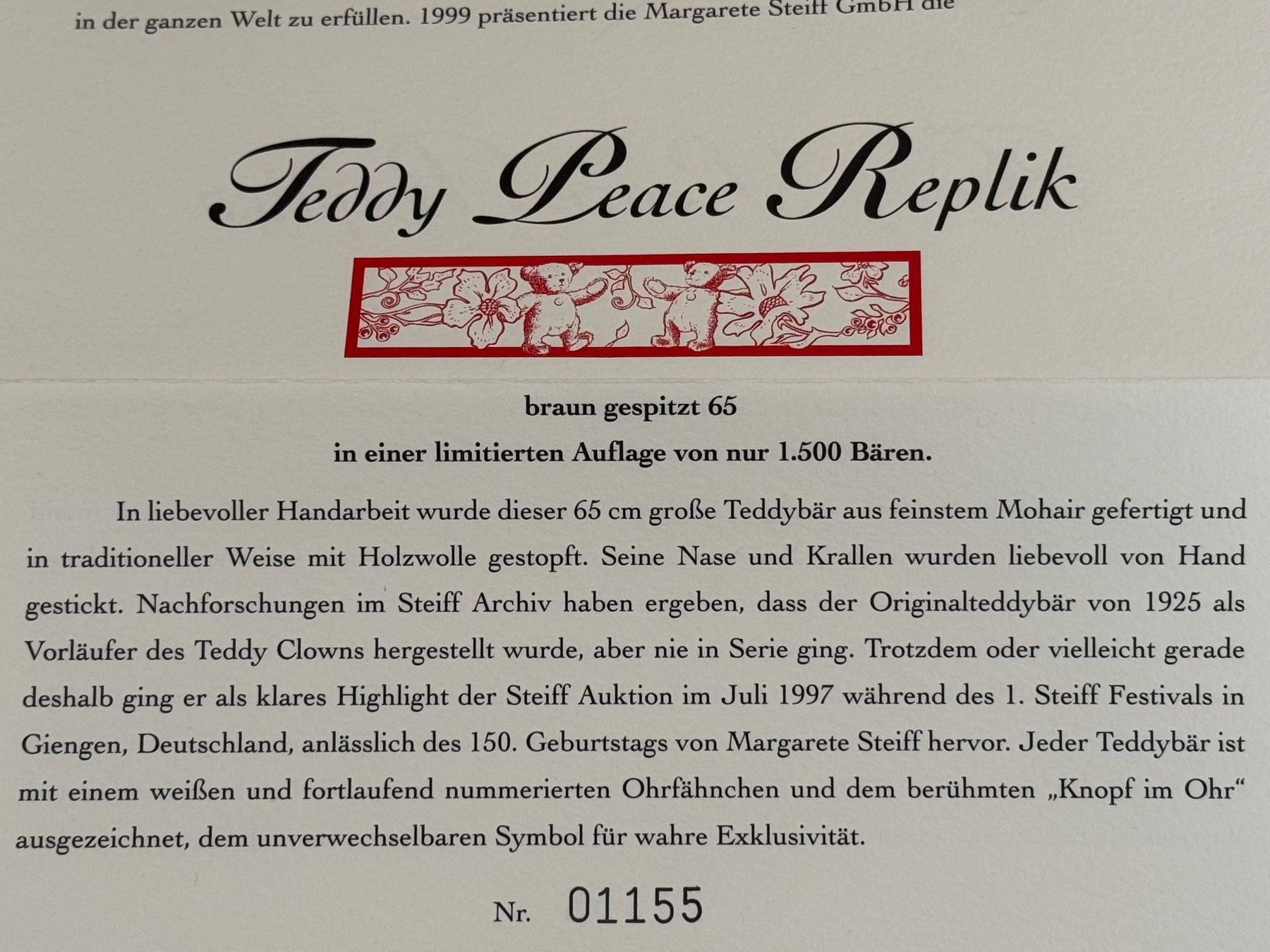 Steiff Giocattoli: STEIFF Teddy Peace 65 Replica – Usato da Neuendorf venduto da Sternenzauber17 9