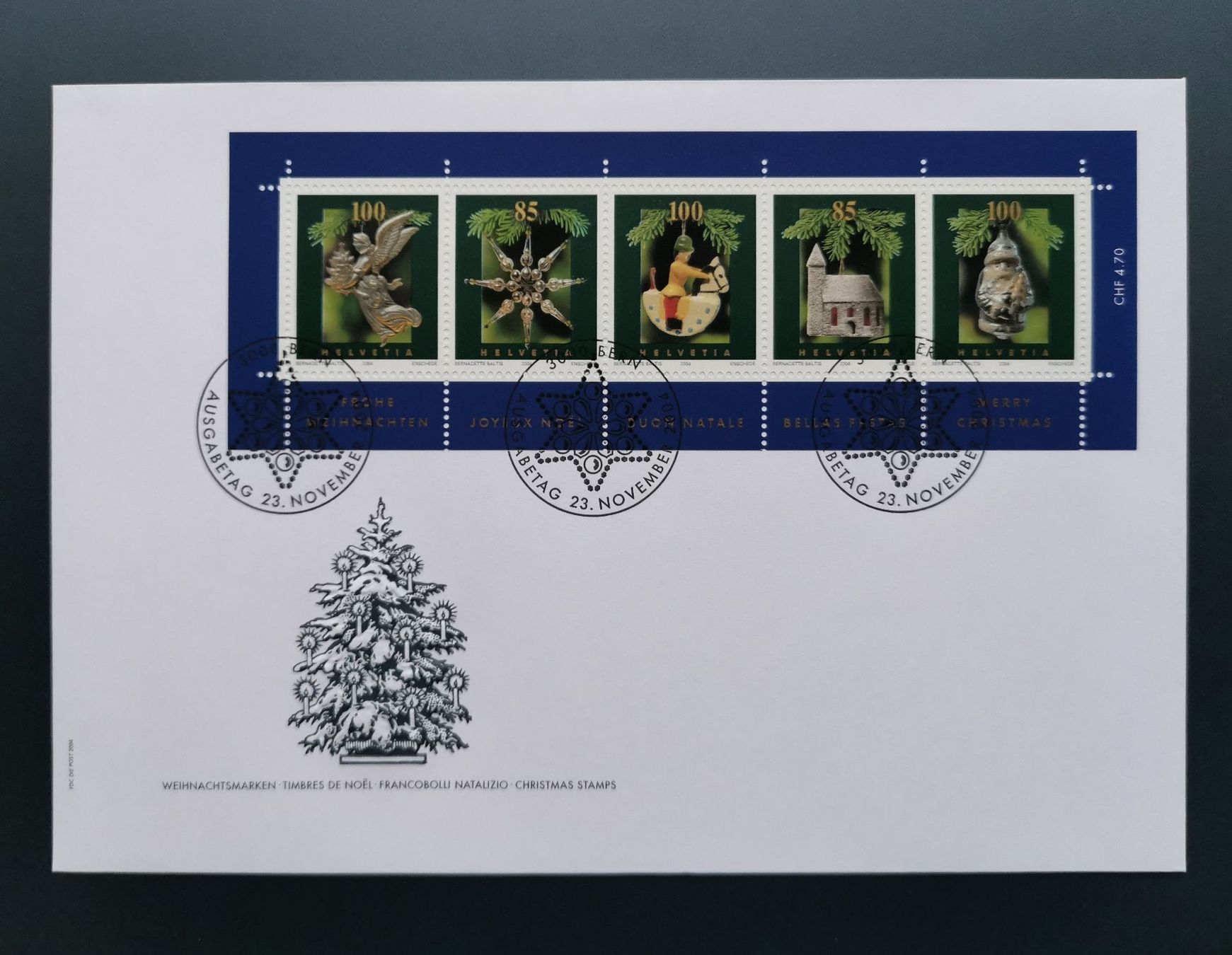Tutti i francobolli: Schweiz FDC Sonderblock Weihnachtsmarken, 2004 – Usato da Gümligen venduto da Fairseriver