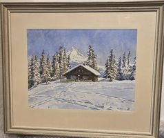belle aquarelle, chalet au Sepey par M. Jaton hiver 1929