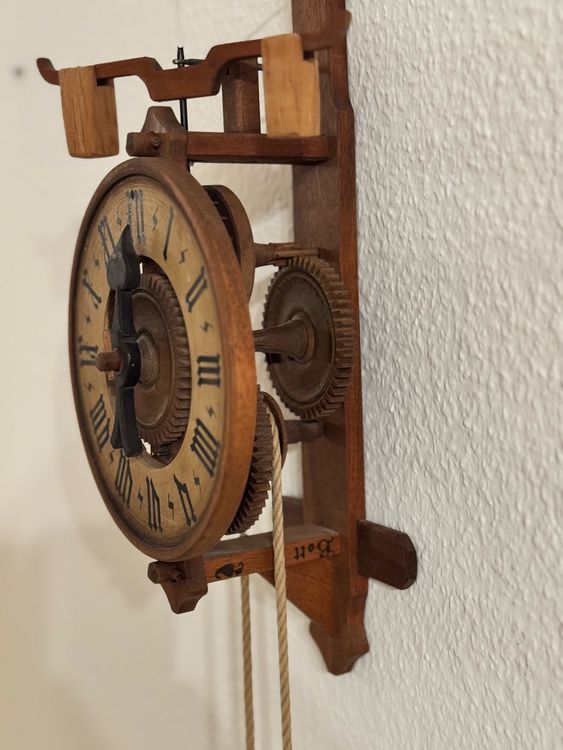 Antike Wanduhr mit Gewichten, Holzräderuhr, Vintage Bott 3