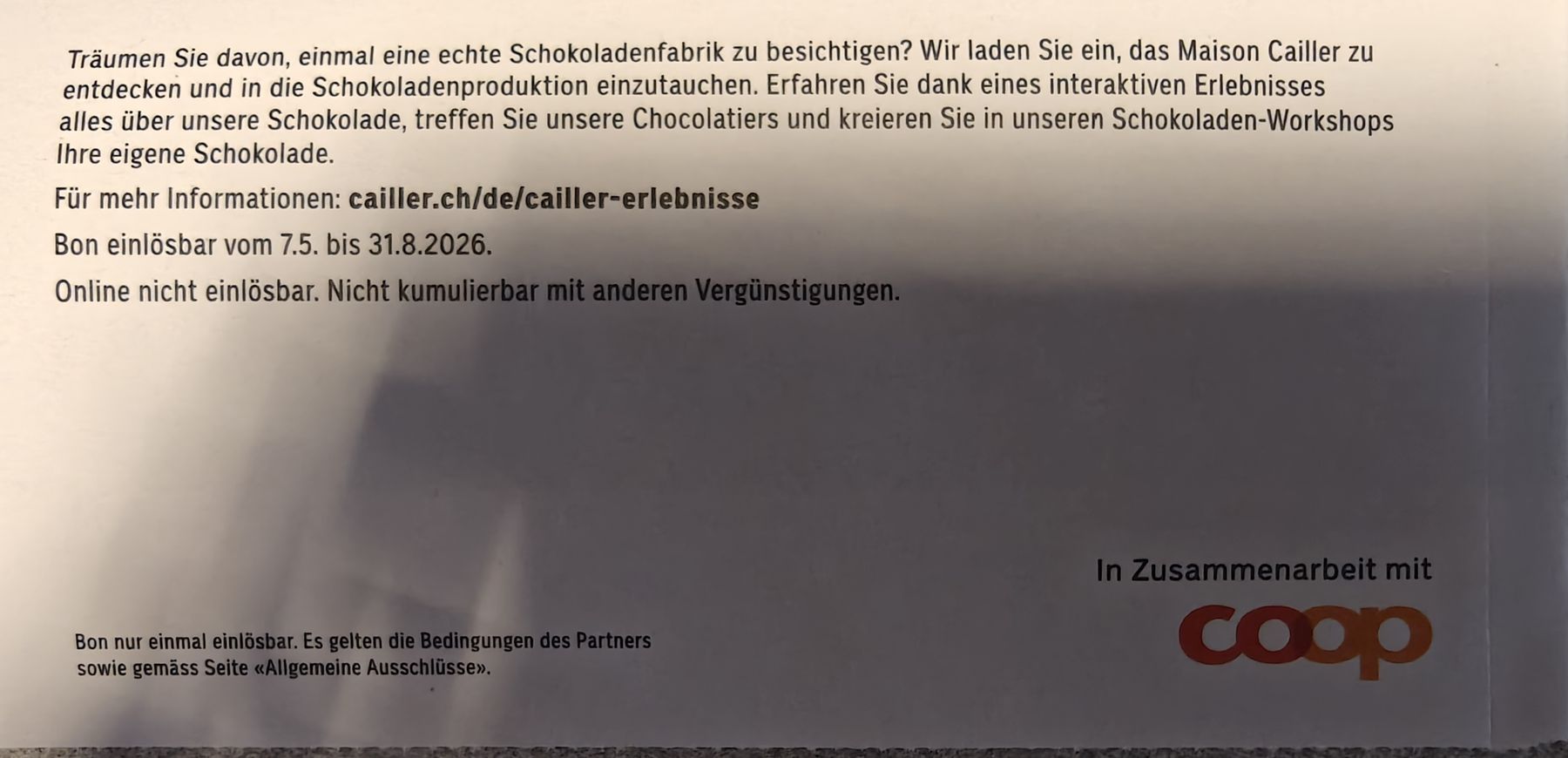 Buoni: Gutschein 30 %Rabatt Maison Cailler Broc – Usato da Schmiedrued venduto da elvis_88 1