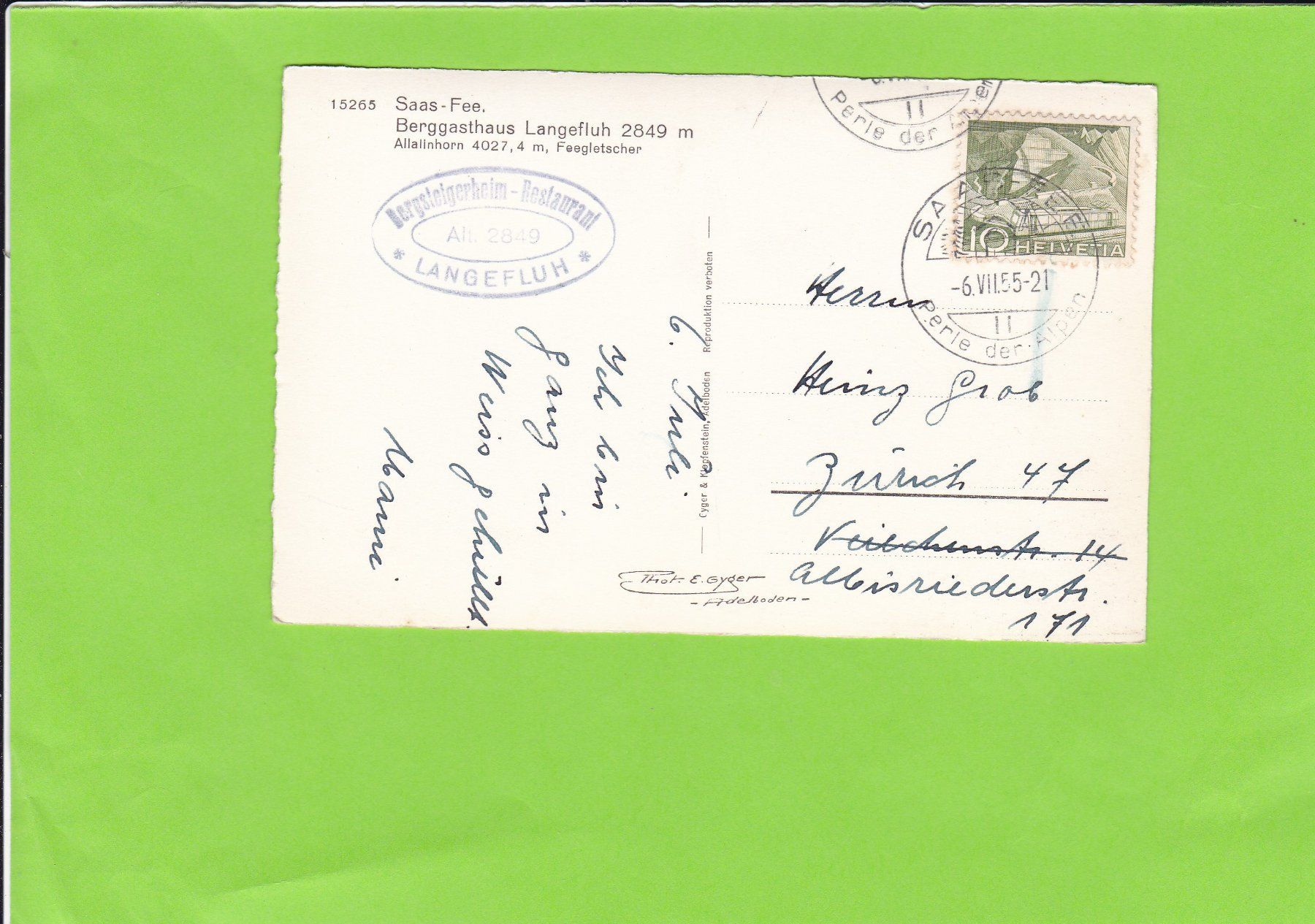 Cartoline postali: Saas-Fee, Berggasthaus Langefluh – Usato da St. Peterzell venduto da neckertal 1