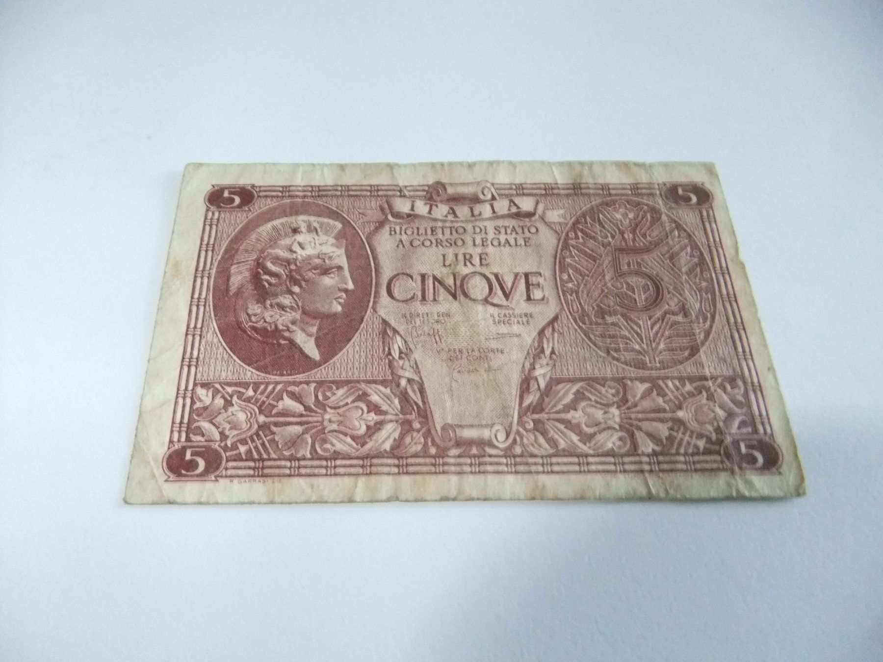 Banconote: Italie 5 Lira 25.11.1944 – Usato da Yverdon-les-Bains venduto da Parede