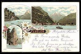Litho Fluelen, Dorfansicht am See mit Ki