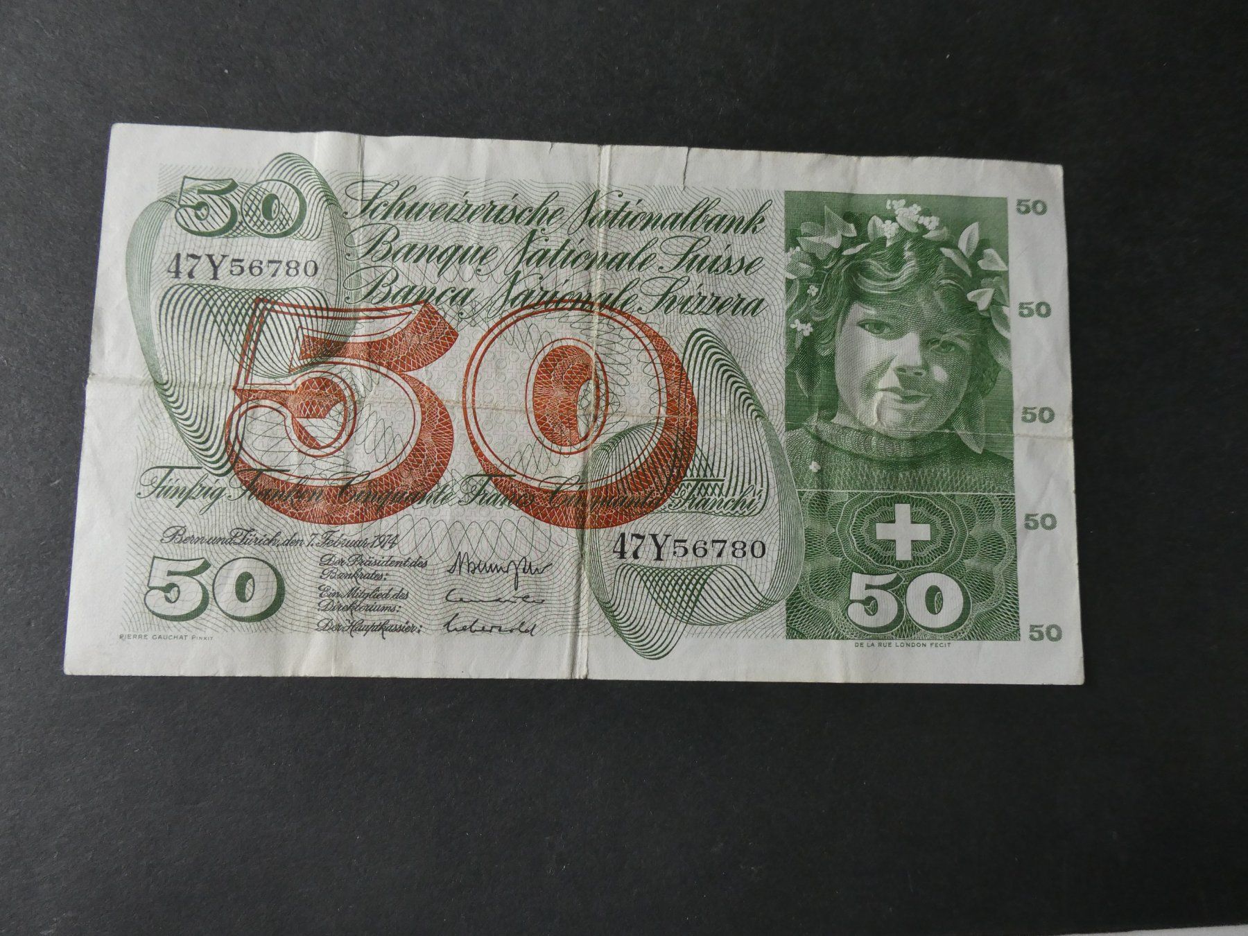 Banknoten: Schweiz 1974, 50 Franken – Gebraucht aus Hinterforst von Rohusri