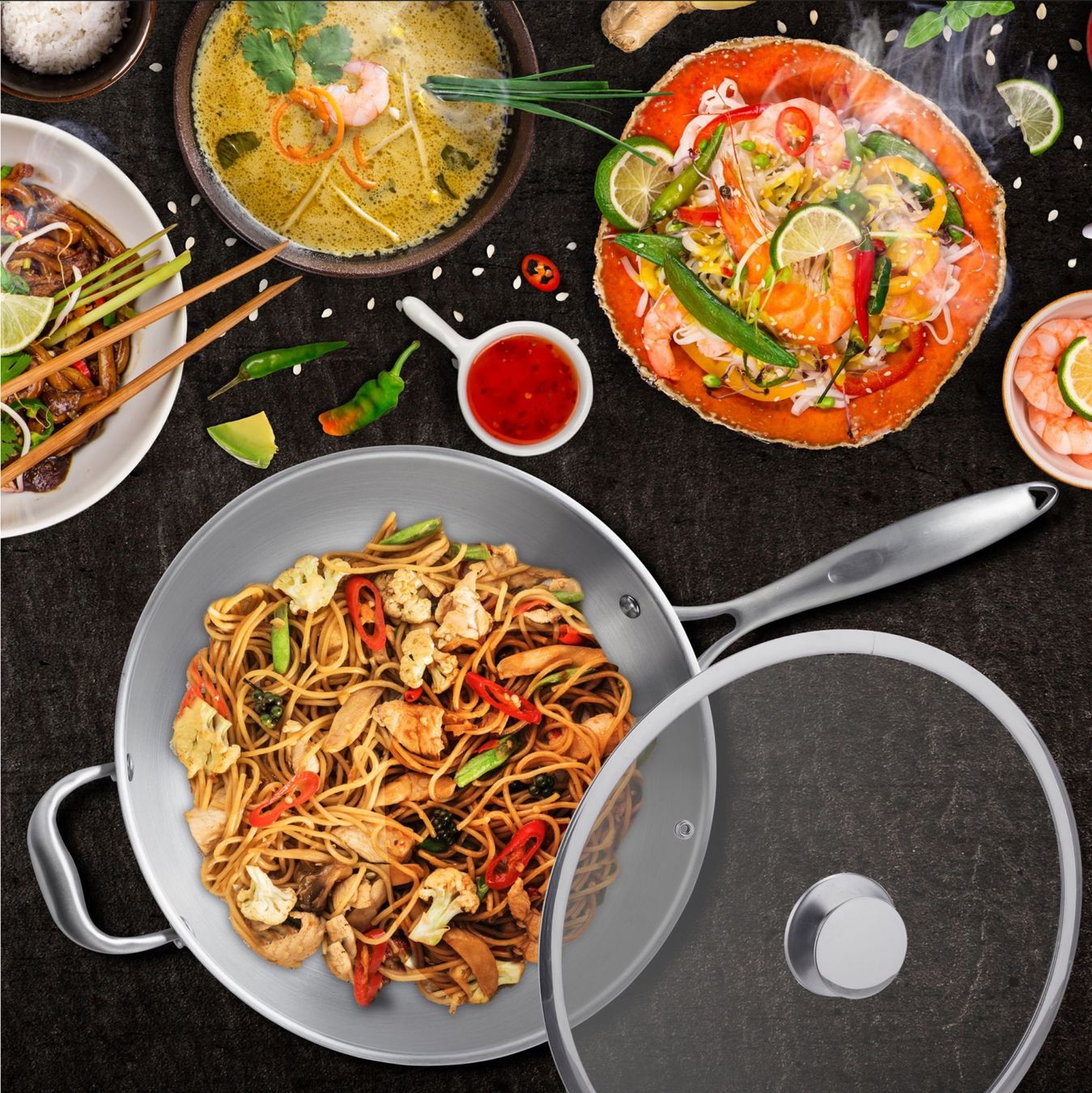 Padelle: Edelstahl Wok mit Glasdeckel – Nuovo e nell'imballaggio originale da Bülach venduto da StoreInShop 1