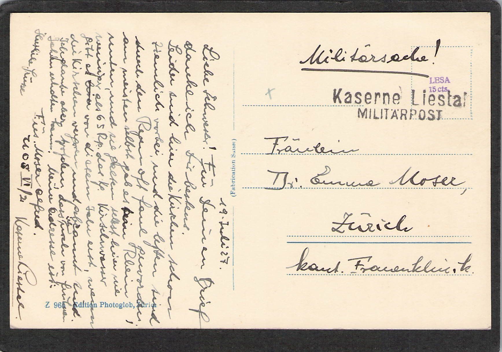 Cartoline postali: #Liestal mit Kaserne  BL , gel. 1927 – Usato da Reichenburg venduto da Pipo-67 1