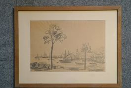 Zeichnung "Altes Hafen-Bild in Holzrahmen"