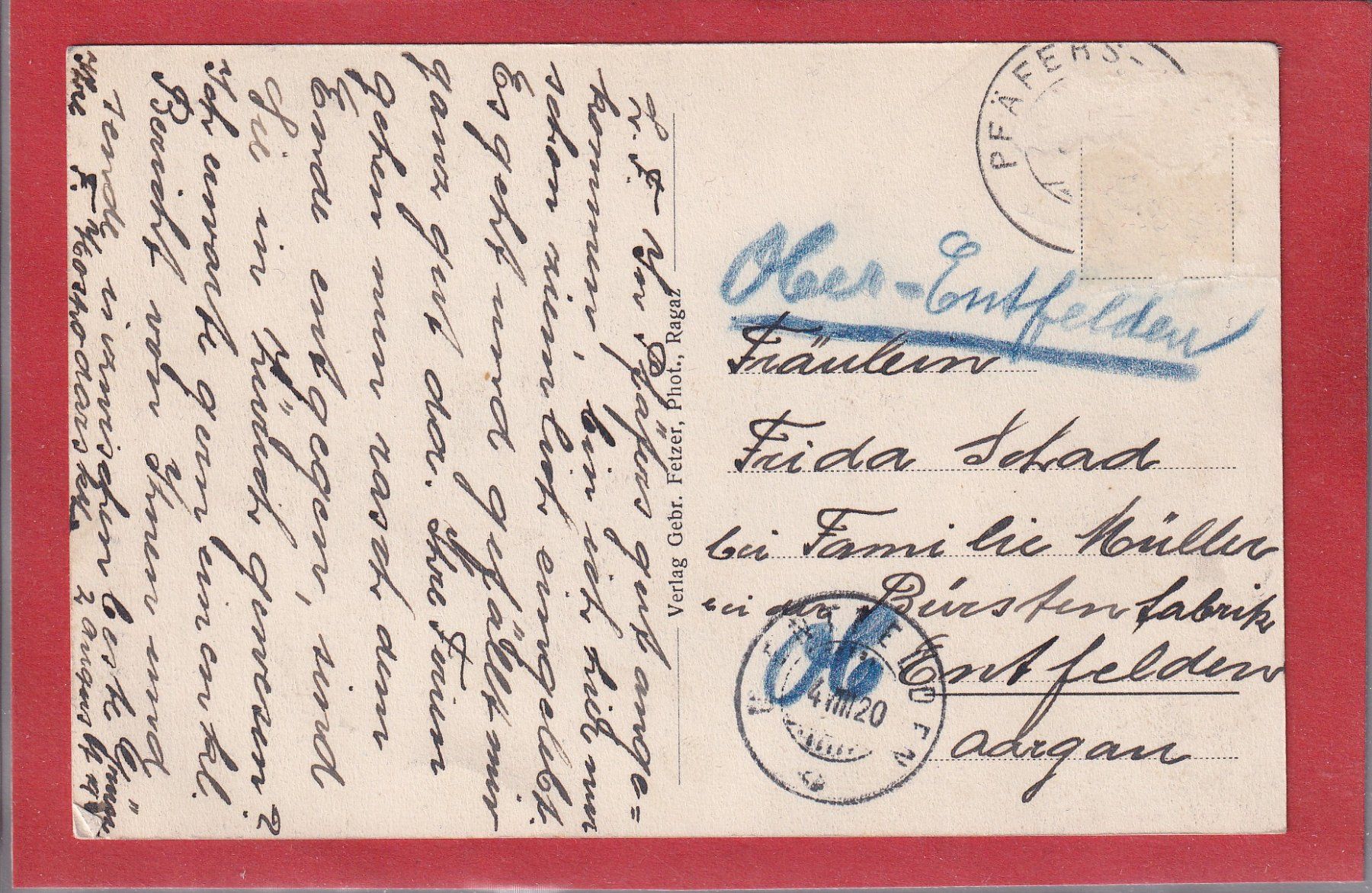 Cartoline postali: Bad Pfäfers - 1920 – Usato da Orvin venduto da Pyaeschli 1