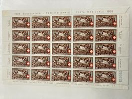 Schweiz 1939 Bogen C1 Pro Patria 10+10 Rp. Abart farbl.Fleck