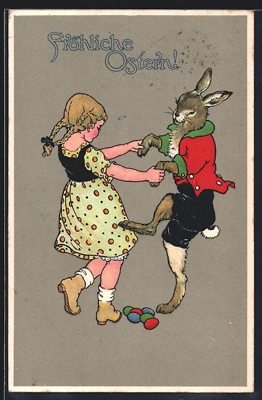 Cartoline postali: Osterhase tanzt mit Mädchen zum Feste – Usato da Berlin venduto da bartko-reher