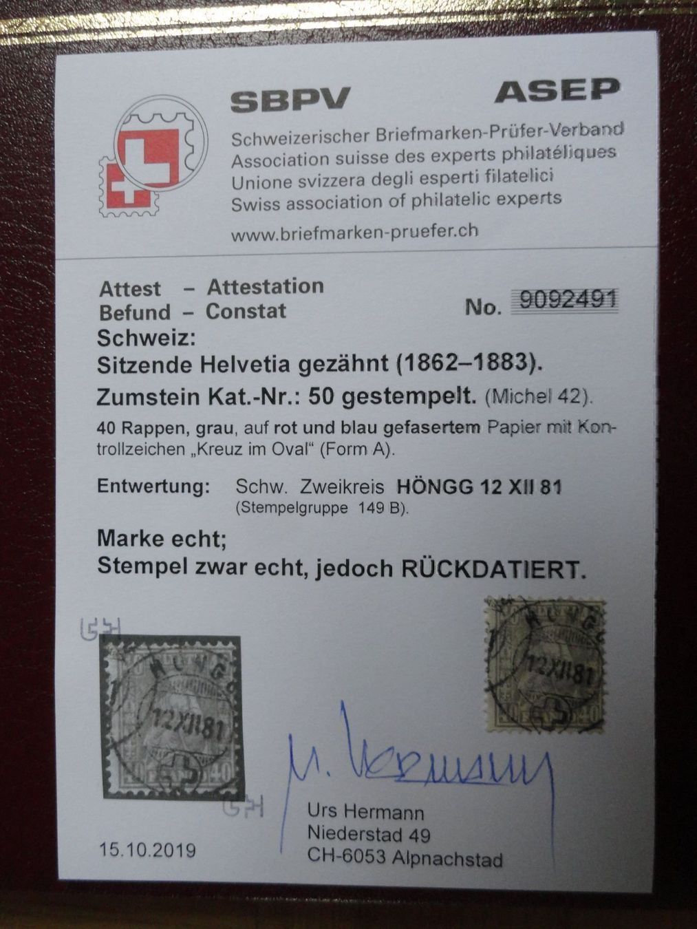Alle Briefmarken: Sitzende Helvetia Nr. 50 mit Attest – Gebraucht aus stäfa von brandy66