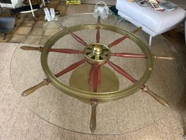 Couchtisch Schiffsrad, Vintage, Glasplatte, Messing