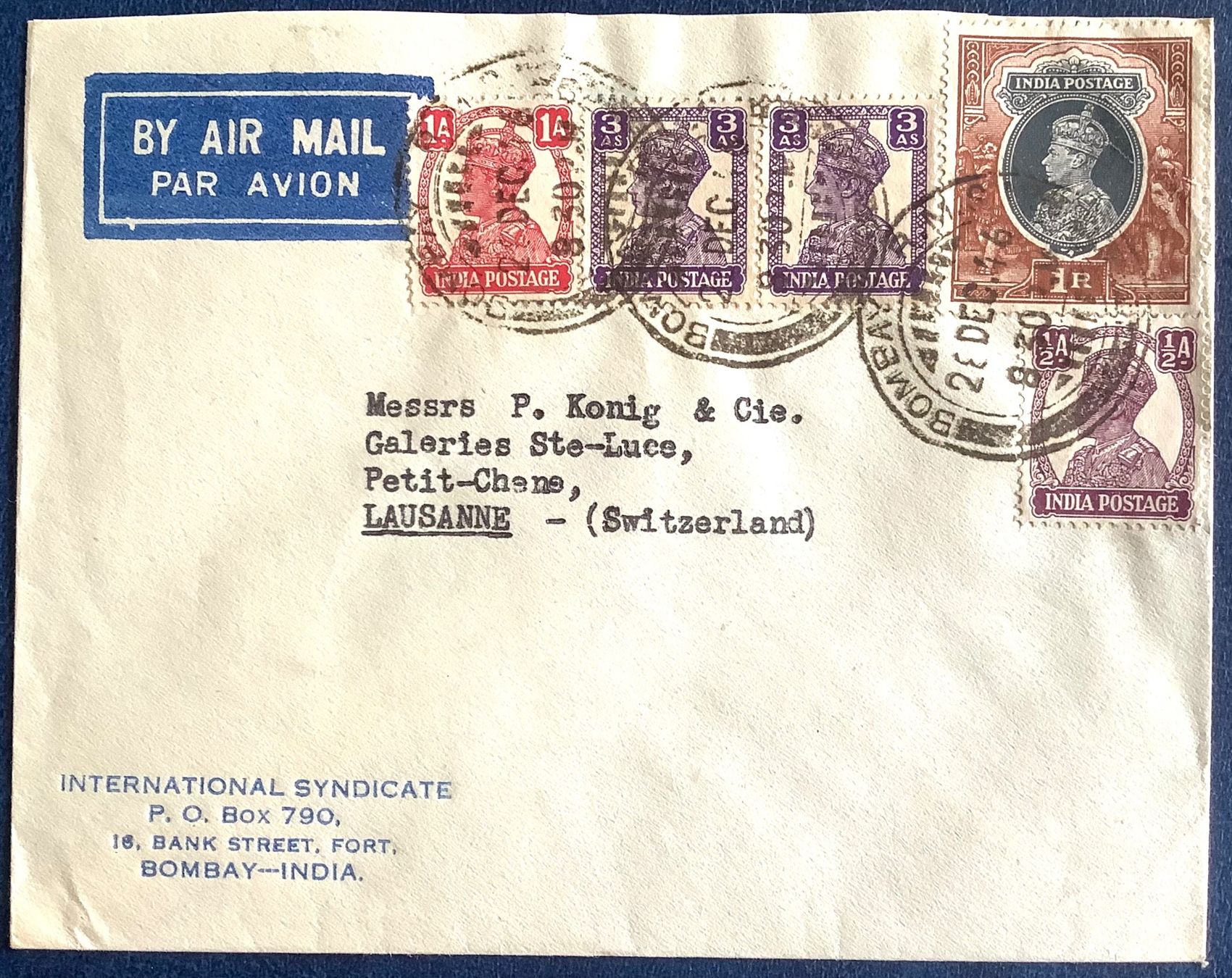 Tutti i francobolli: 1947 India Flugpost  Bombay - Lausanne – Usato da Liestal venduto da Skunk02