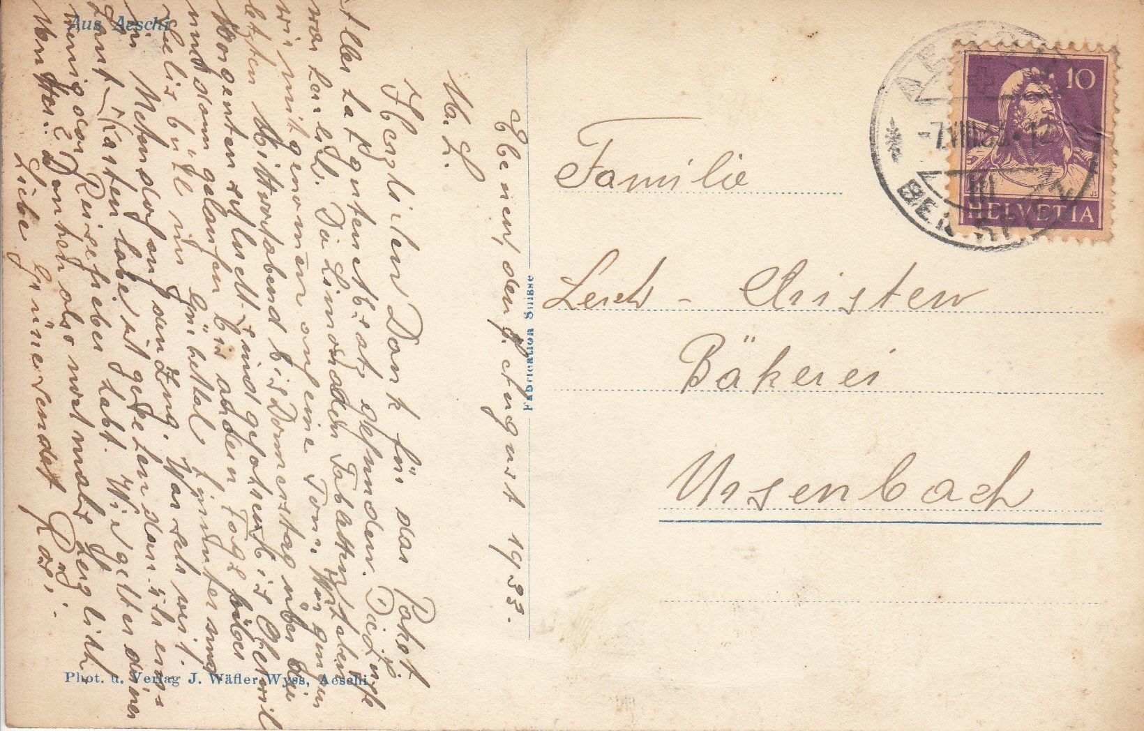 Cartoline postali: Aeschi 1933 – Usato da Bürglen TG venduto da StampGraf 1