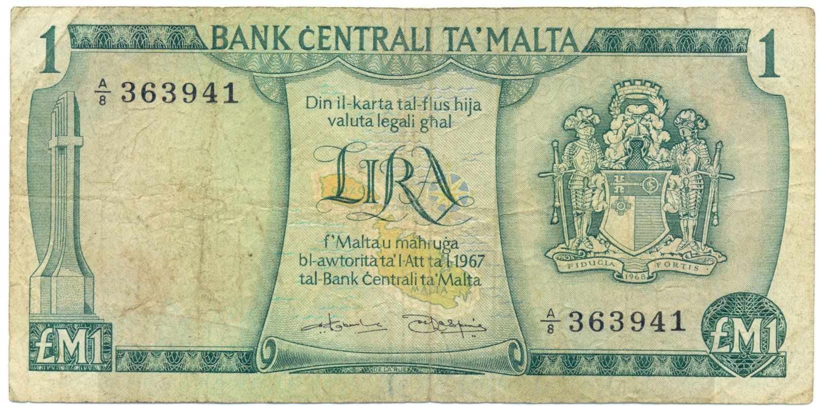 Banconote: Malta 1 Lira P31b Serie A/8 – Usato da Au SG venduto da Zogu