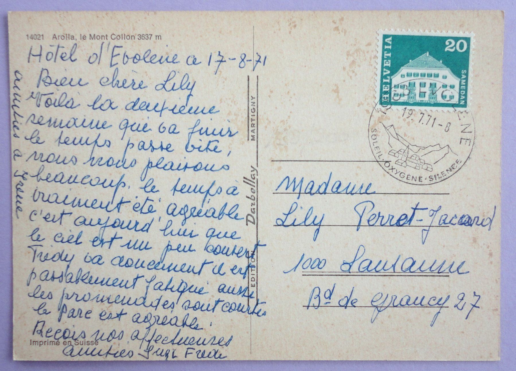 Cartoline postali: Arolla, le Mont Collon 3637 m – Usato da Fétigny venduto da Billy2miny 1