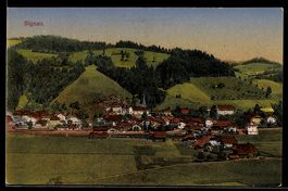 AK Signau, Ortsansicht mit Kirche und Hügeln
