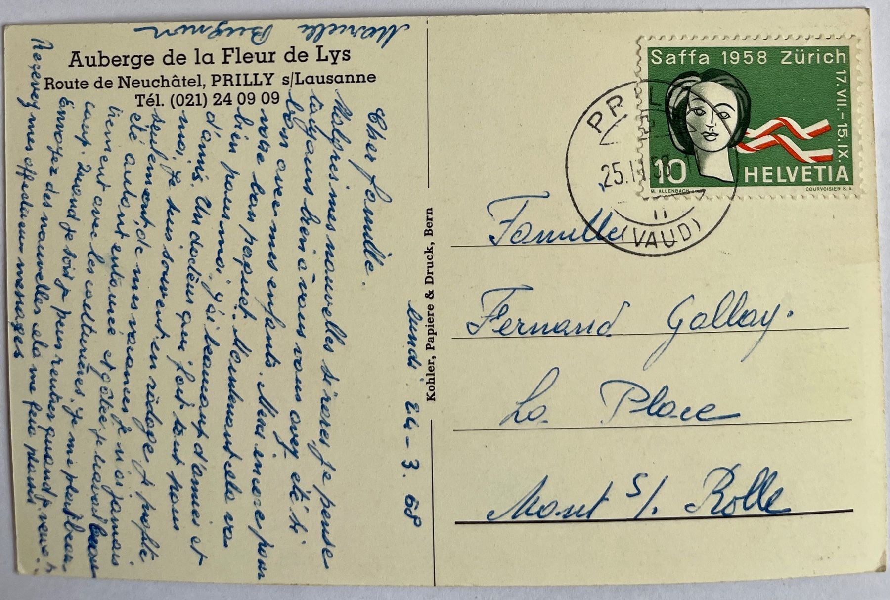 Cartoline postali: PRILLY - AUBERGE DE LA FLEUR DE LYS 1958 – Usato da Lutry venduto da Ediego 1