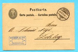 Postkarte Langenthal 1889 mit Zudruck Geiser & Co.