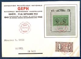 1943 / Genf Block W18 auf Brief mit Zusatzfrankatur