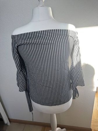 Damen Off-Shoulder Bluse schwarz weiss kariert Grösse M