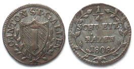 ST. GALLEN Kanton Viertelbatzen 1808 Billon ss+